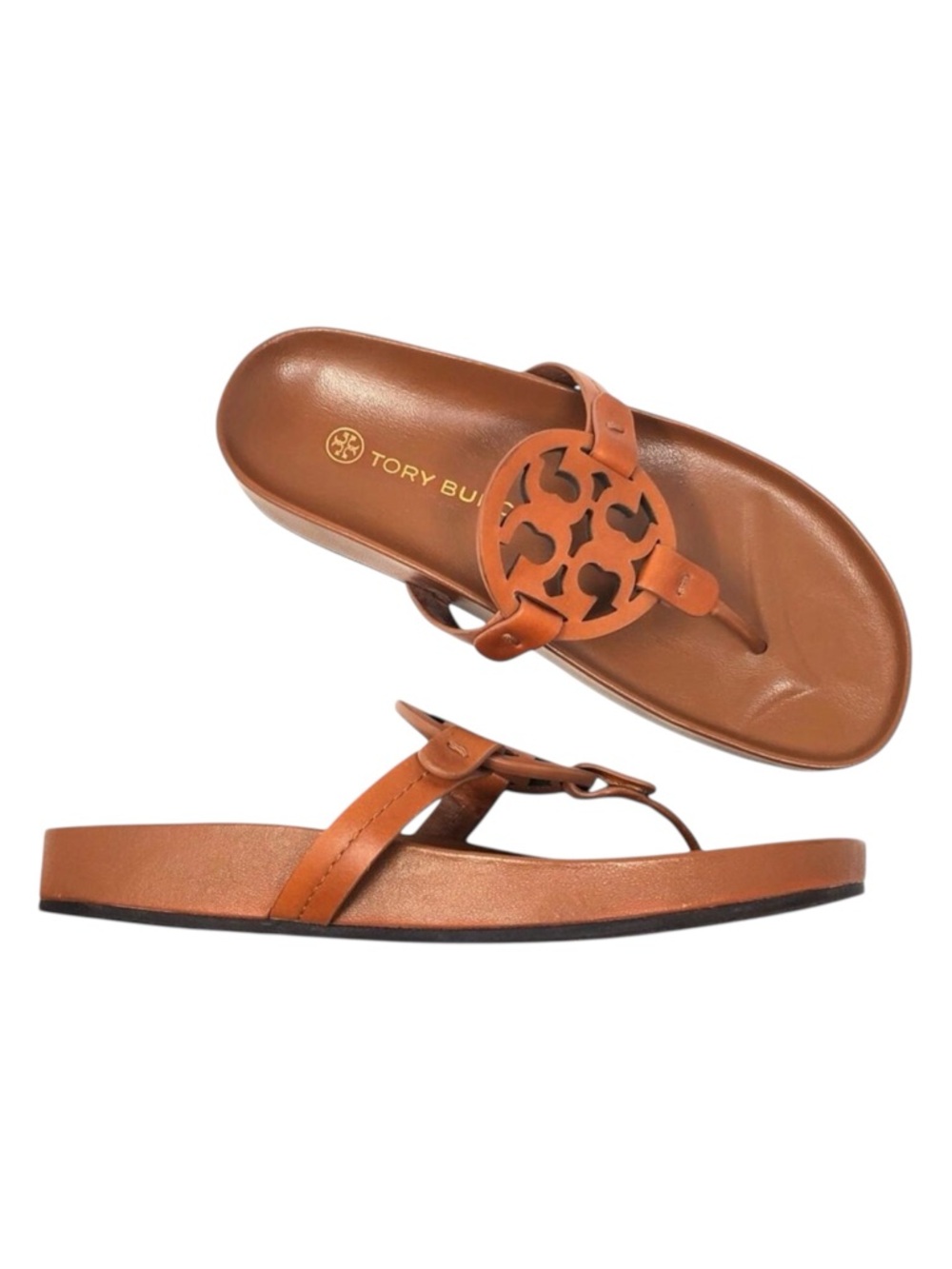 Tory Burch Miller Cloud Thong Sandals Calf Leather Aged Camello Brown Size 7 M